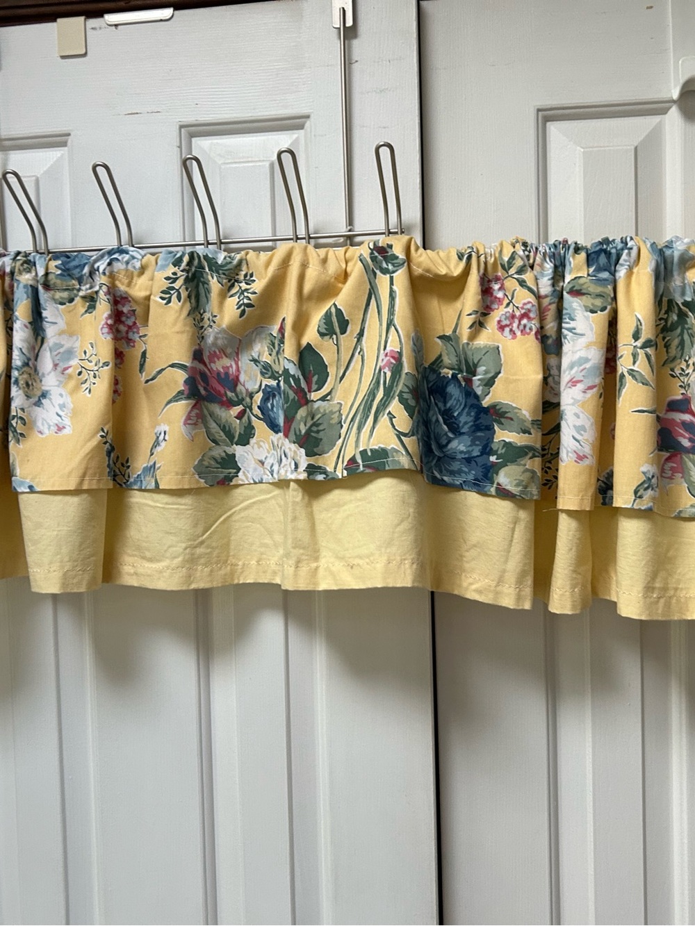 Valance 84”L Floral Yellow Ruffled 2-layer -10.5” floral on 14”deep yellow base.